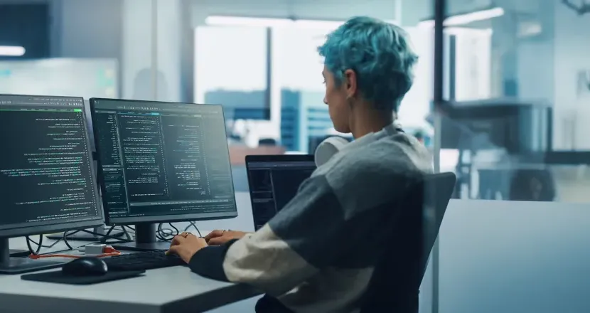 Application programmer seated in front of dual monitors in office environment coding